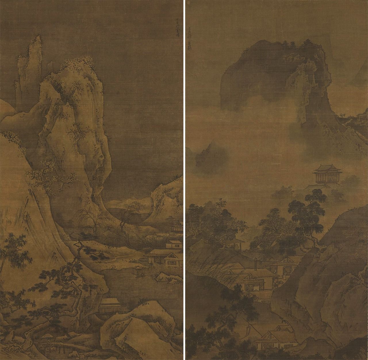 Otoño (derecha) e invierno (izquierda) del Paisaje de las cuatro estaciones, Patrimonio Cultural de Importancia. (Museo Nacional de Tokio; fotografía de ColBase)