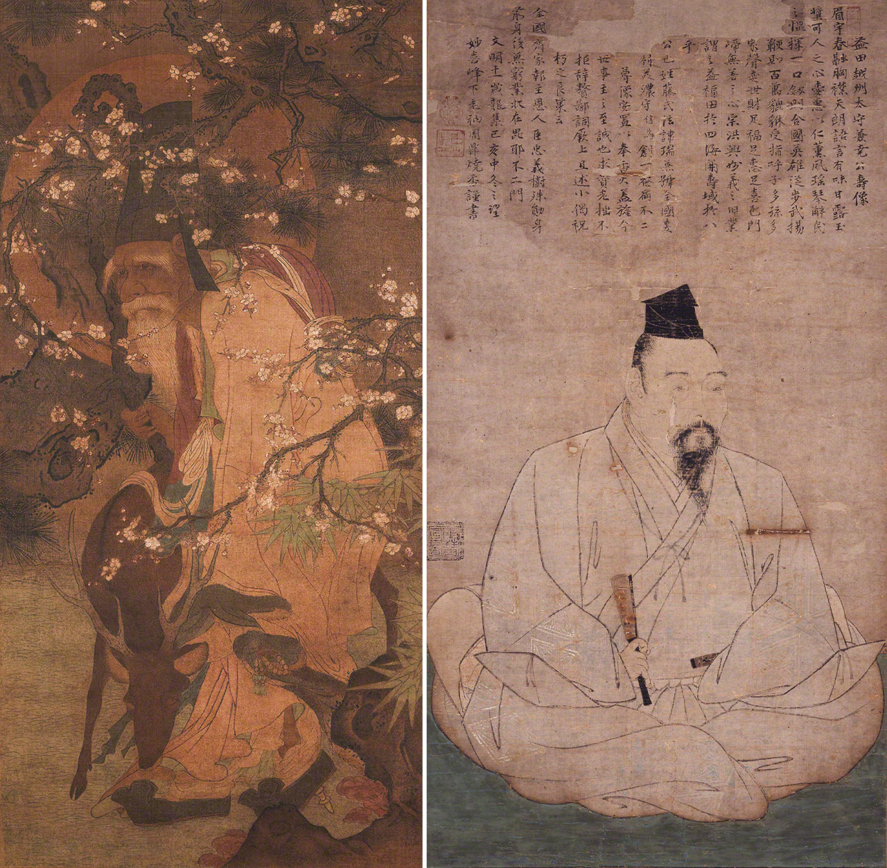 Jurōjin bajo los ciruelos (izquierda, Museo Nacional de Tokio; fotografía de ColBase) y Retrato de Masuda Kanetaka. Patrimonio cultural de importancia. (Museo conmemorativo Sesshū no Sato, en Masuda)