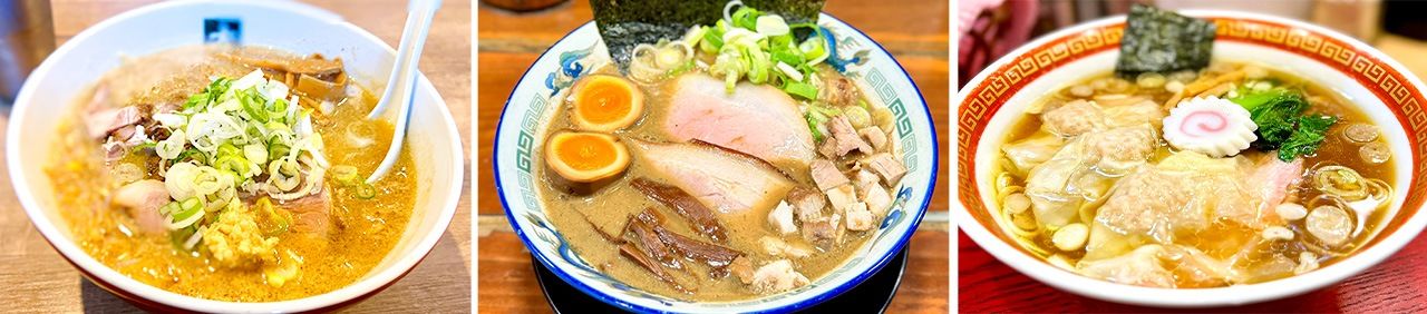 Sapporo-style miso ramen: Ōshima (Funabori, Edogawa) Aomori-style niboshi ramen: Nagao Chūkasoba (Kanda Ogawamachi, Chiyoda) Fukushima-style Shirakawa ramen: Mensōan Sunada (Sugamo, Toshima)