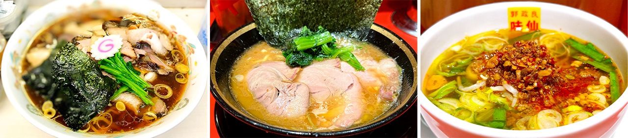 Niigata-style shōga-jōyu ramen: Aoshima Shokudō (Kanda Sakumachō, Chiyoda) Yokohama-style iekei ramen: Kan2ya (Nishi Kamata, Ōta) Nagoya-style Taiwan ramen: Kaku Masayoshi Misen (Uchi-Kanda, Chiyoda, and Shinbashi, Minato)