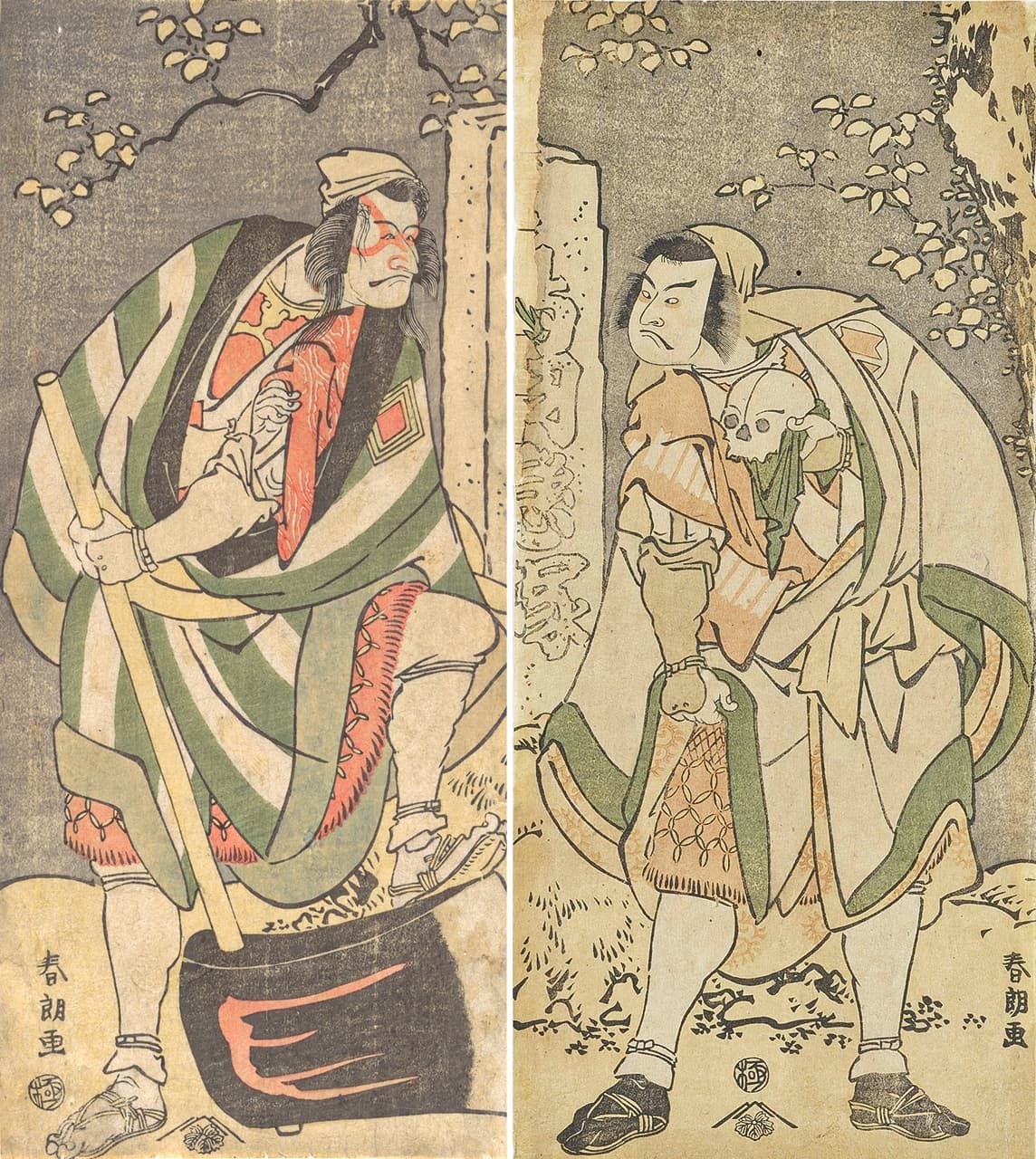 Obras de la época en que Hokusai usaba el sobrenombre “Shunrō”. Izquierda: El actor Ichikawa Ebizō en el papel del monje Mongaku, disfrazado de bandido. Colección del Museo Metropolitano de Arte. Derecha: El actor Sakata Hangorō en el papel de Chinzei Hachirō Tametomo, disfrazado de monje viajero. (Colección del Museo Nacional de Tokio, fuente: ColBase.).