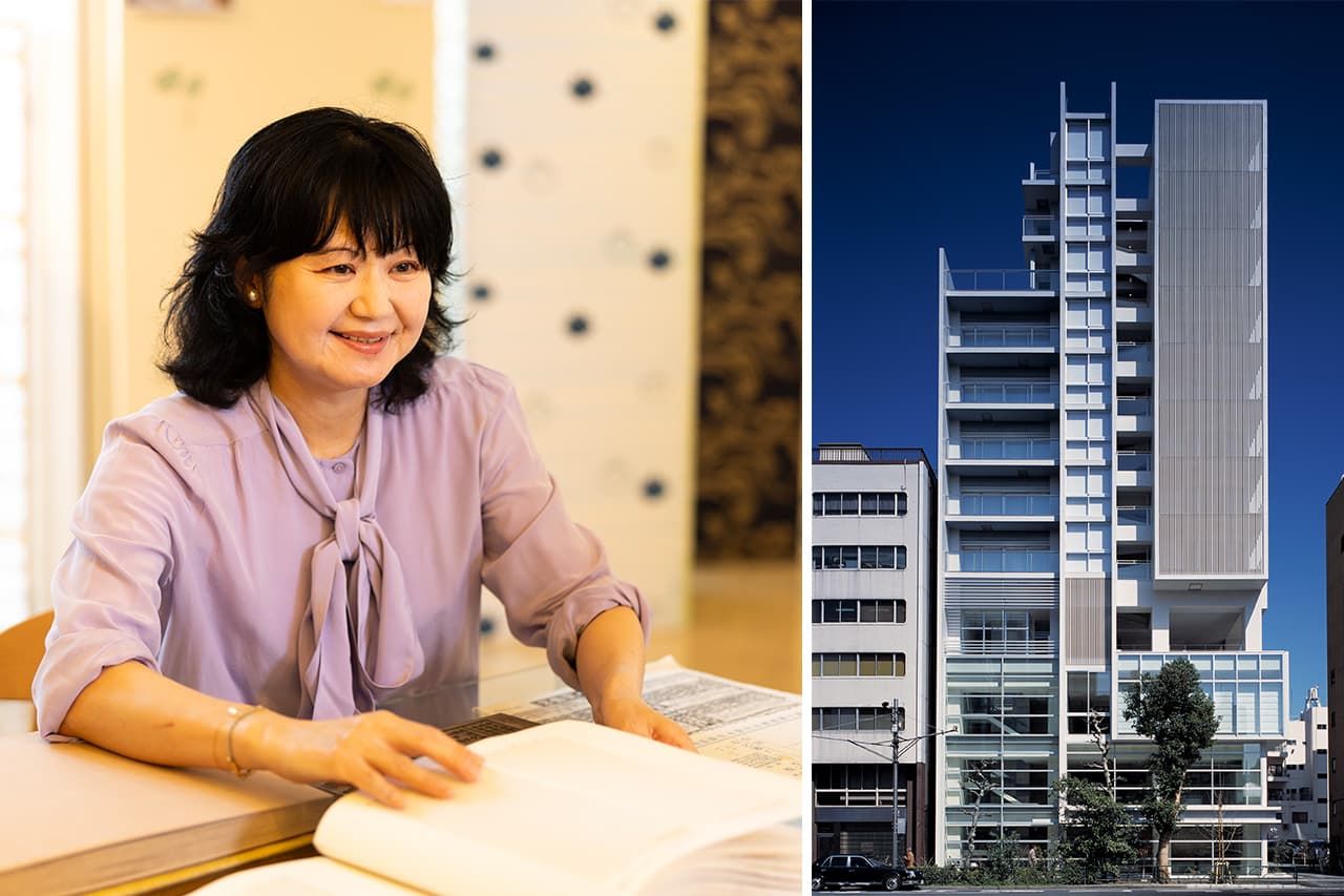 Kōno Ayako hablando en la sala de muestras. A la derecha, el edificio de la sede principal de Tokyo Matsuya. (Foto cortesía de Tokyo Matsuya)