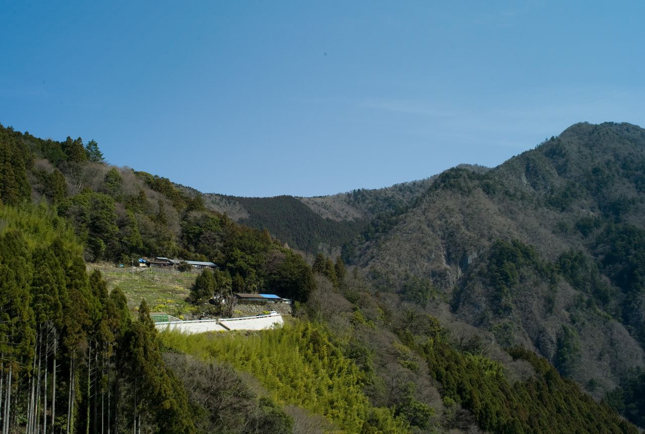 Asentamiento Nakao, en Monobe (ciudad de Kami, prefectura de Kōchi), visitado alrededor de 2009. Tres casas se alzaban en la ladera de la montaña. © Takaaki Yagisawa 2024