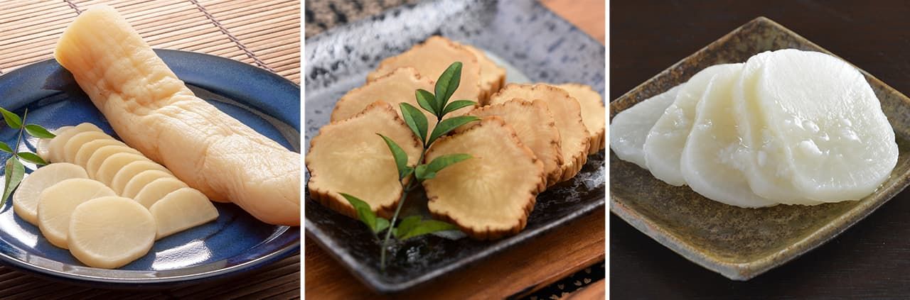 A la izquierda, takuwan común. En el centro, iburigakko de la prefectura de Akita (ambas fotografías de Pixta) y, a la derecha, bettara zuke de Tokio (fotografía de Uchi no kyōdo ryōri, “Nuestra comida local”, del Ministerio de Agricultura, Silvicultura y Pesca de Japón).