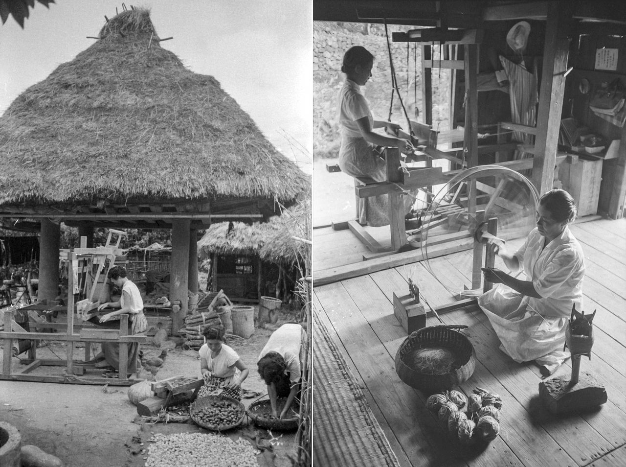 Izquierda: un agricultor teje tsumugi en su taller (pueblo de Kasari, del actual barrio homónimo, en la ciudad de Amami). El Ōshima tsumugi es un tejido de seda con 1.300 años de historia. En la década de los setenta, debido al aumento de la demanda, se fabricaba también en el extranjero, pero hoy en día la producción es solo una setenta parte de la de entonces. Derecha: un agricultor (en el municipio de Wadomari) hilando tela de banano (bashōfu), otra artesanía tradicional.