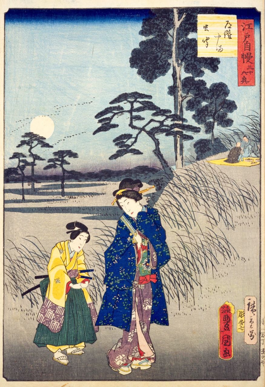 En Edo jiman sanjūrokkyō: Dōkanyama mushikiki (Treinta y seis placeres célebres de Edo: escuchar insectos en Dōkanyama) aparece una familia que ha acudido a escuchar el canto de los insectos. Colección de la Biblioteca Nacional de la Dieta.