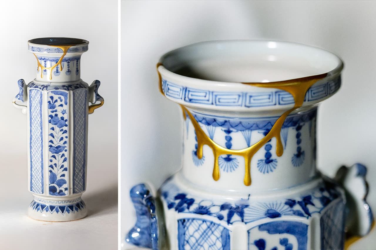 Jarra decorada con kintsugi a modo de lámpara de araña.