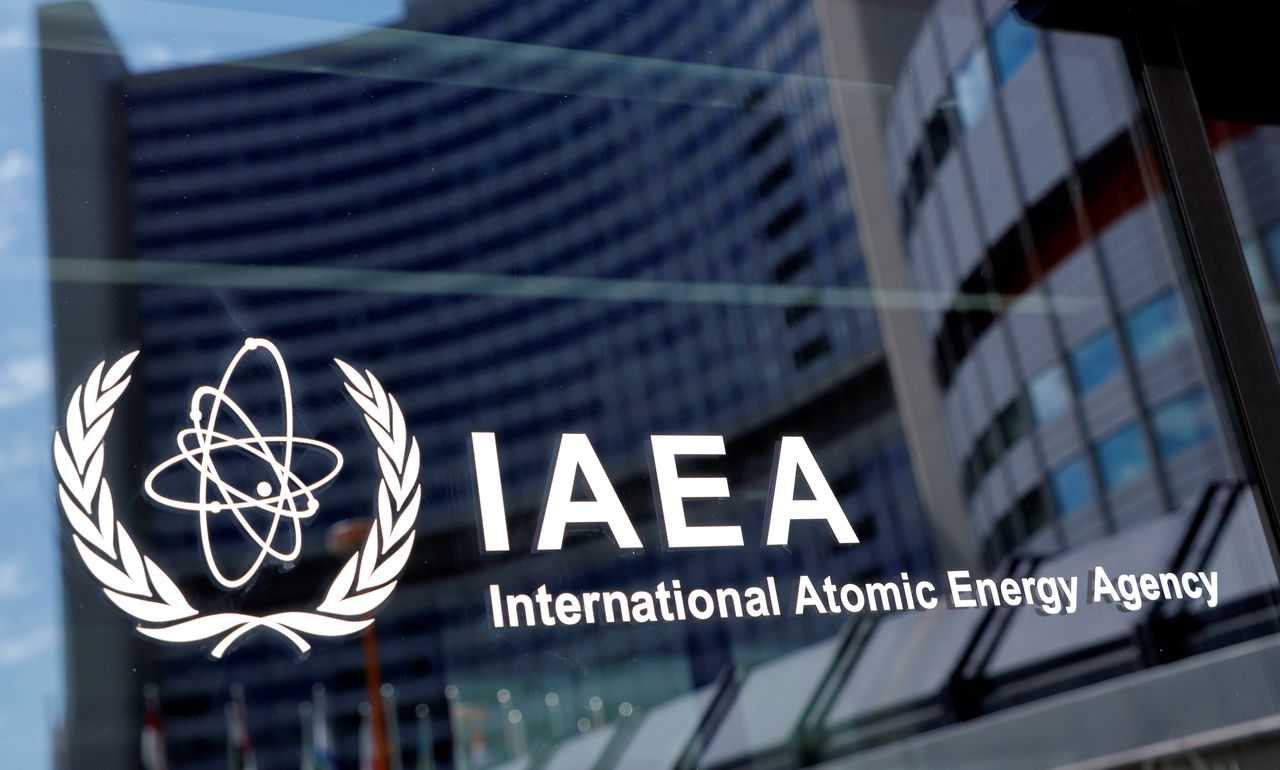 FILE PHOTO: The logo of the International Atomic Energy Agency (IAEA) is seen at their headquarters during a board of governors meeting, amid the coronavirus disease (COVID-19) outbreak in Vienna, Austria, June 7, 2021. REUTERS/Leonhard Foeger