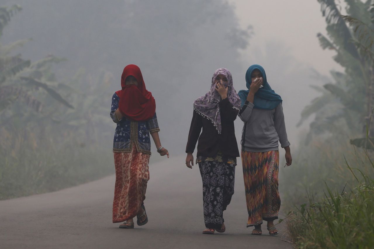 Los aldeanos caminan por una calle mientras la neblina cubre la aldea de Pulau Mentaro en Muaro Jambi, en la isla indonesia de Sumatra, 15 septiembre 2015.
REUTERS/Beawiharta