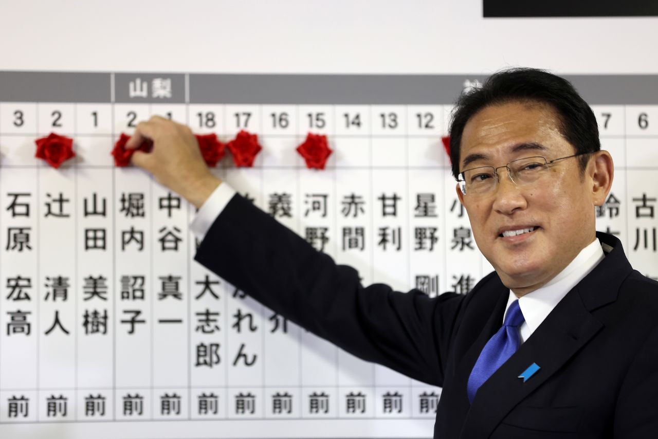 El primer ministro de Japón y líder del gobernante Partido Liberal Democrático, Fumio Kishida, marca los nombres de candidatos ganadores en las parlamentarias en la sede de su formación en Tokio, Japón. 31 octubre 2021. Behrouz Mehri/Pool vía Reuters