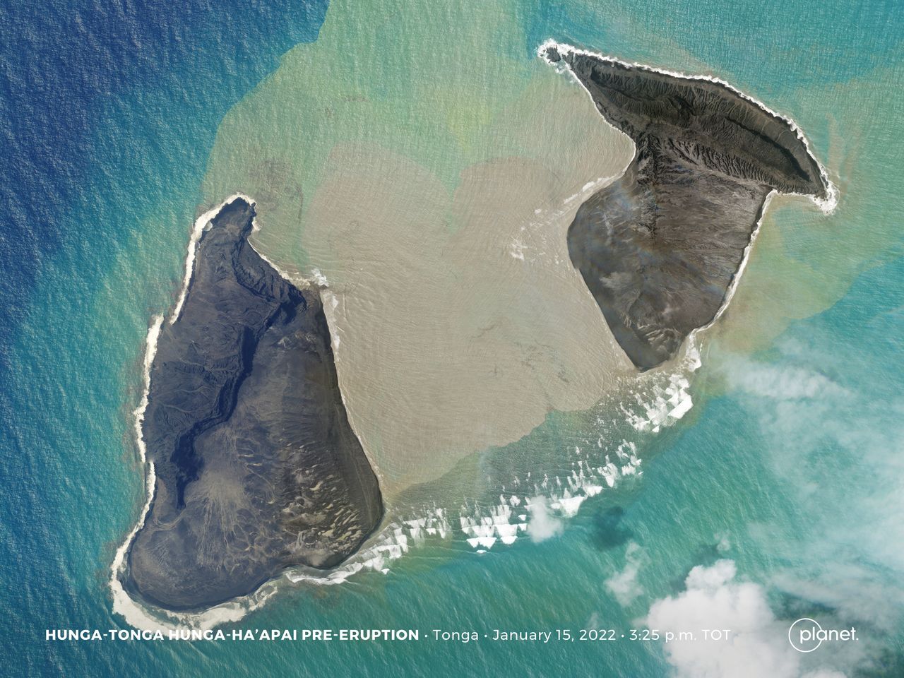 Una imagen de Planet SkySat muestra el volcán submarino Hunga Tonga-Hunga Ha
