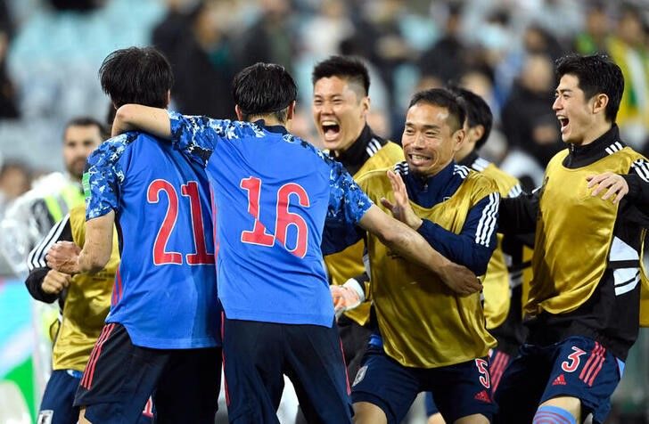 Mar 24, 2022 
Foto del jueves de Kaoru Mitoma celebrando con sus compañeros el segundo gol de Japón ante Australia. 
REUTERS/Jaimi Joy
