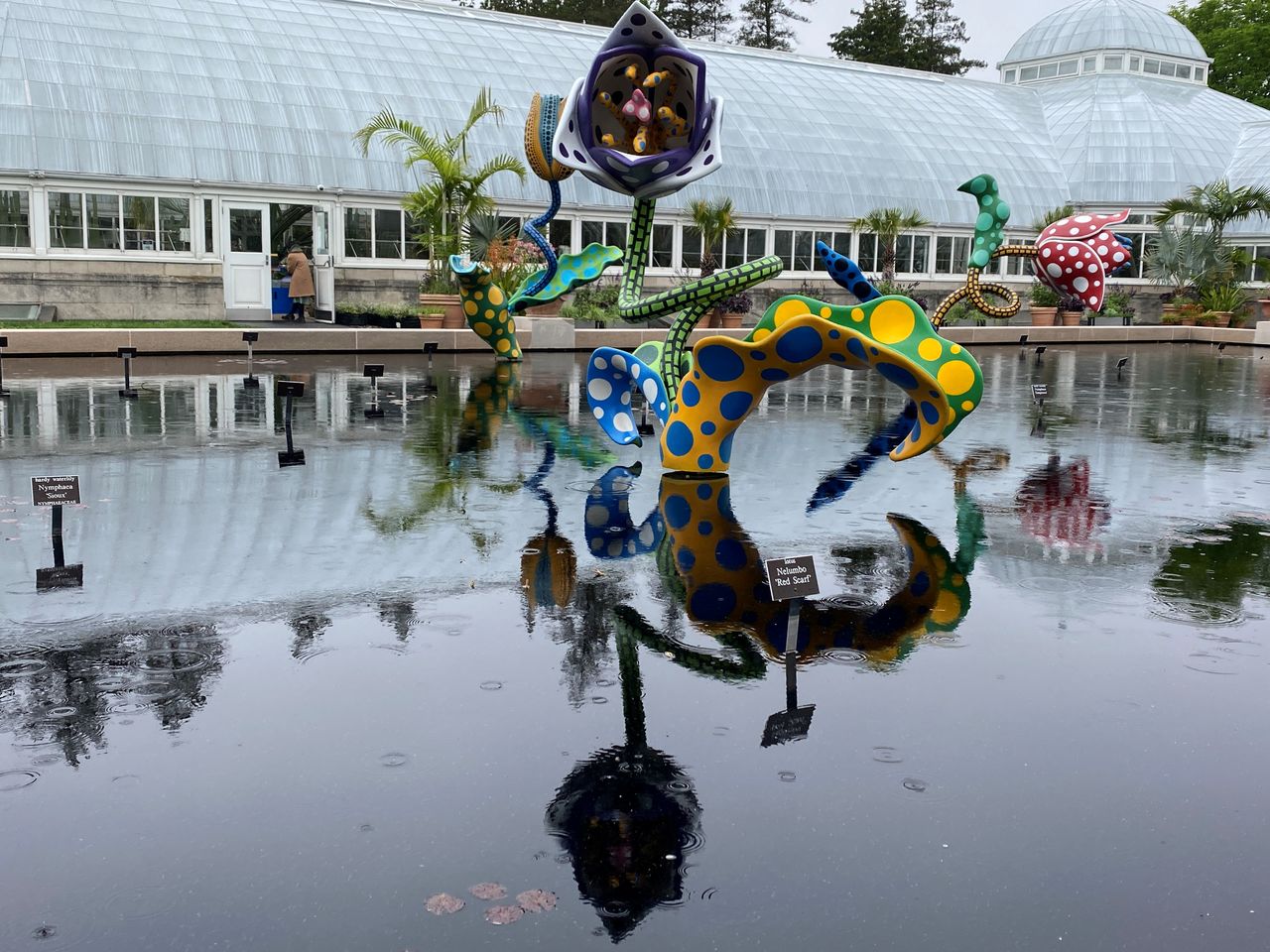 Instalaciones florales de acero pintadas en tonos vibrantes de amarillo y rosa, verde y azul, cubiertas de lunares, Jardín Botánico de Nueva York, EEUU, 5 mayo 2021.
REUTERS/Roselle Chen