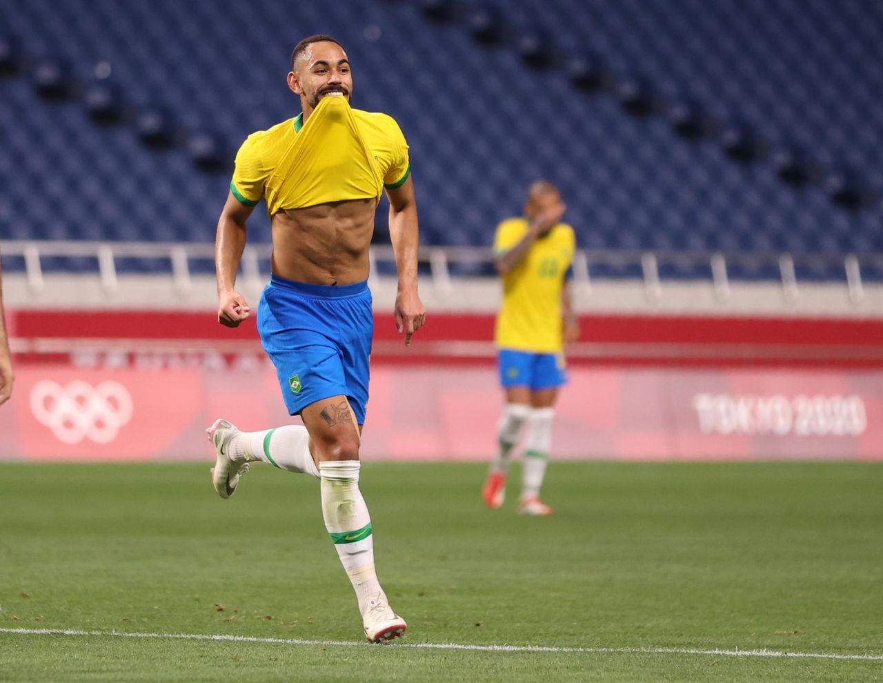 Jul 31, 2021. 
Foto del sábado del futbolista Matheus Cunha  celebrando tras marcar el gol de Brasil en la victoria 1-0 sobre Egipto. 
REUTERS/Molly Darlington