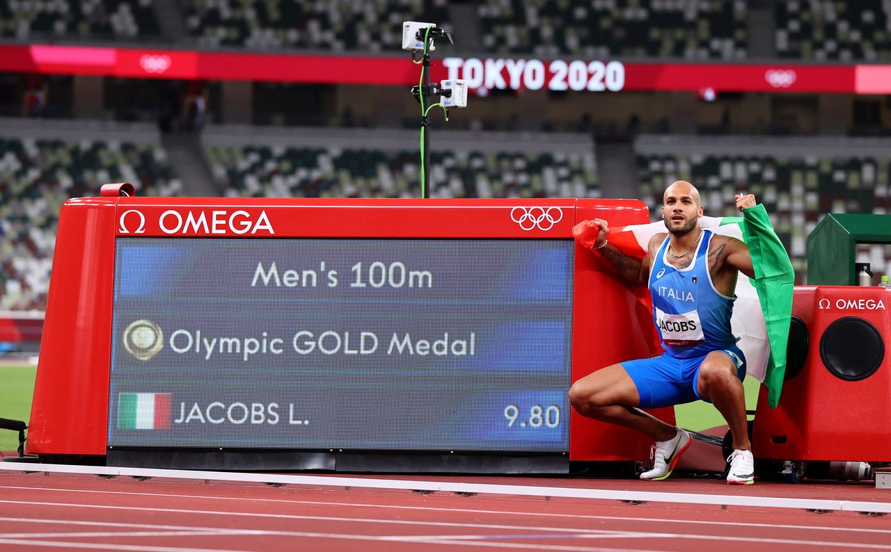 Ago  1, 2021. 
Foto del domingo del italiano Lamont Marcell Jacobs celebrando tras ganar el oro en los 100 mts planos de los Juegos de Tokio. 
REUTERS/Lucy Nicholson