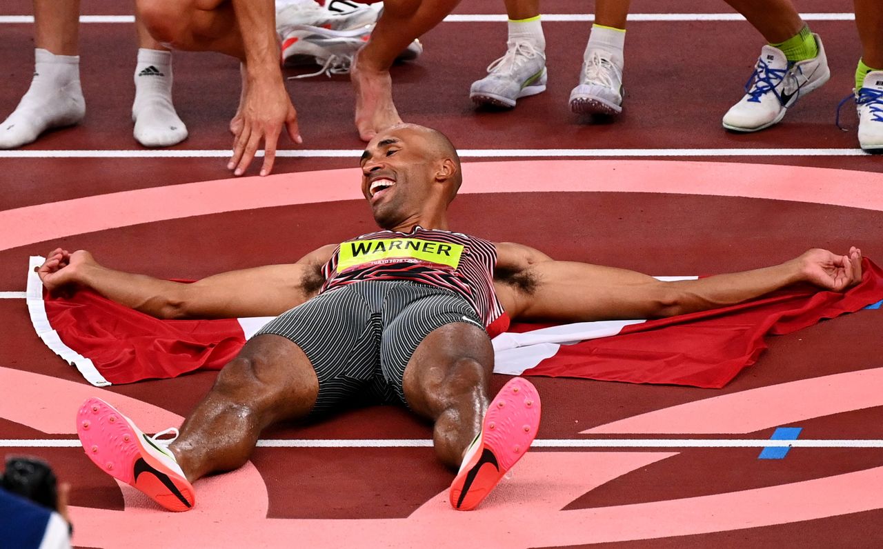 Ago 5, 2021. 
Foto del jueves del canadiense Damian Warner celebrando tras ganar el oro en el decatlón. 
REUTERS/Dylan Martinez