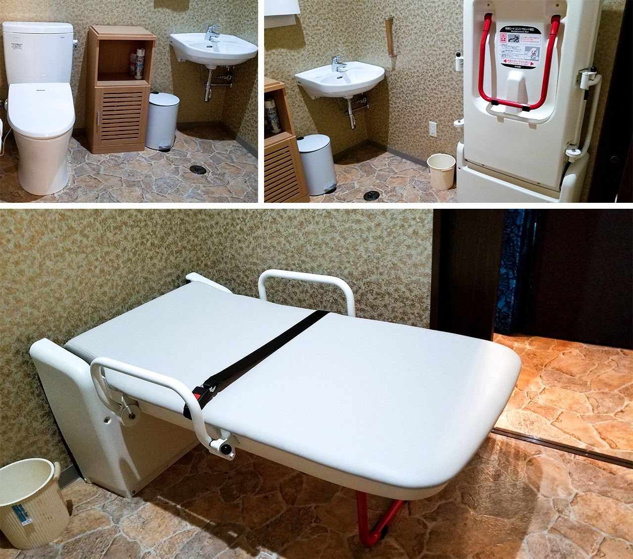 Toilettes spacieuses et faciles à utiliser même en fauteuil roulant. Table pliante pour changer les couches, pour les clients accompagnés.