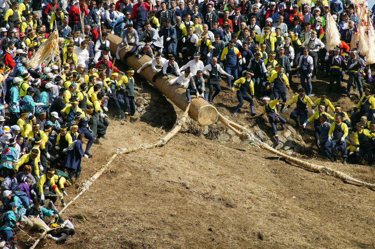 Le kiotoshi, (« faire tomber les arbres »), est une partie du festival d’Onbashira qui voit les hommes les plus audacieux conduire des troncs massifs le long des pentes de la montagne.