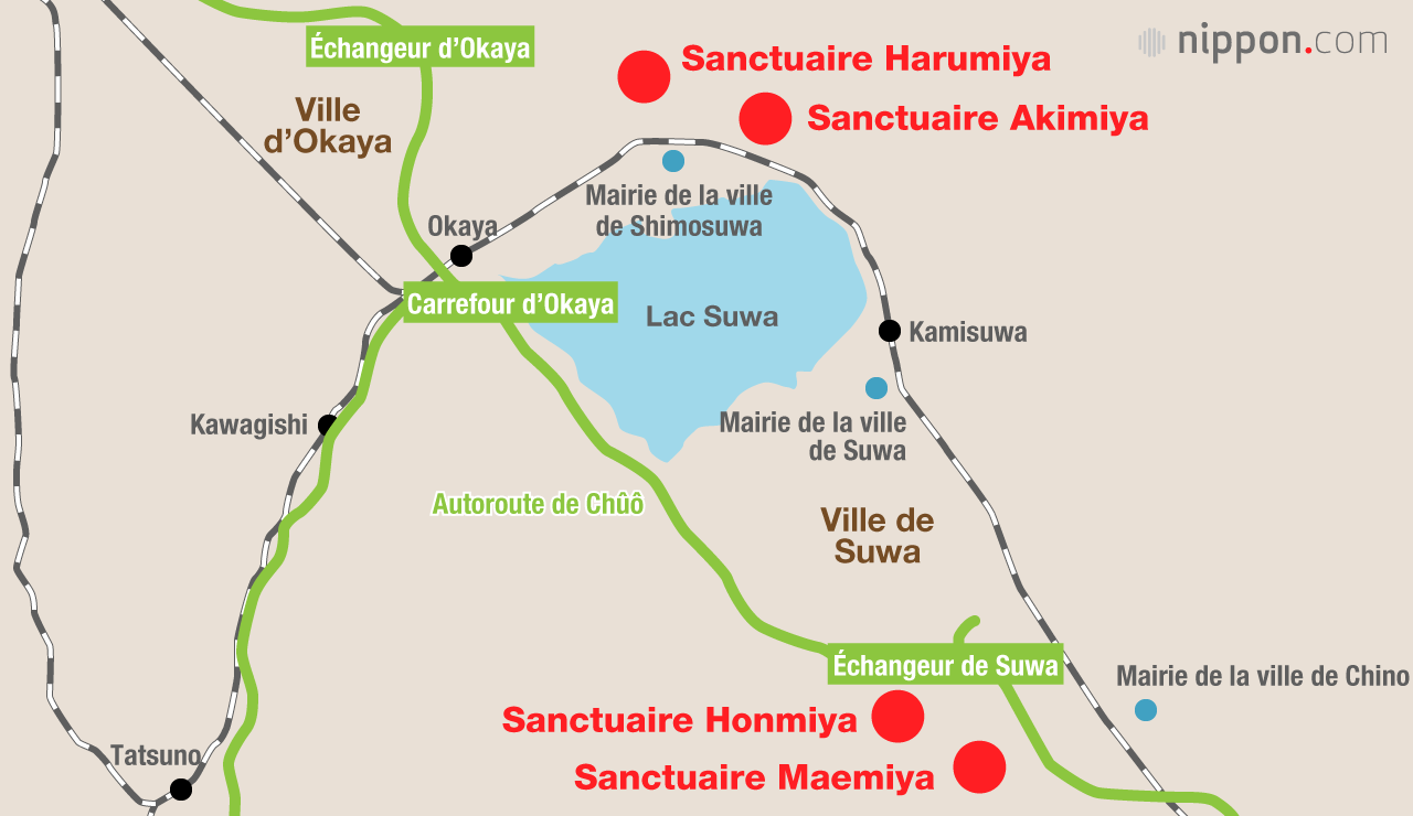 Les emplacements des quatre sanctuaires shintô de Suwa Taisha (Harumiya, Akimiya, Honmiya et Maemiya)