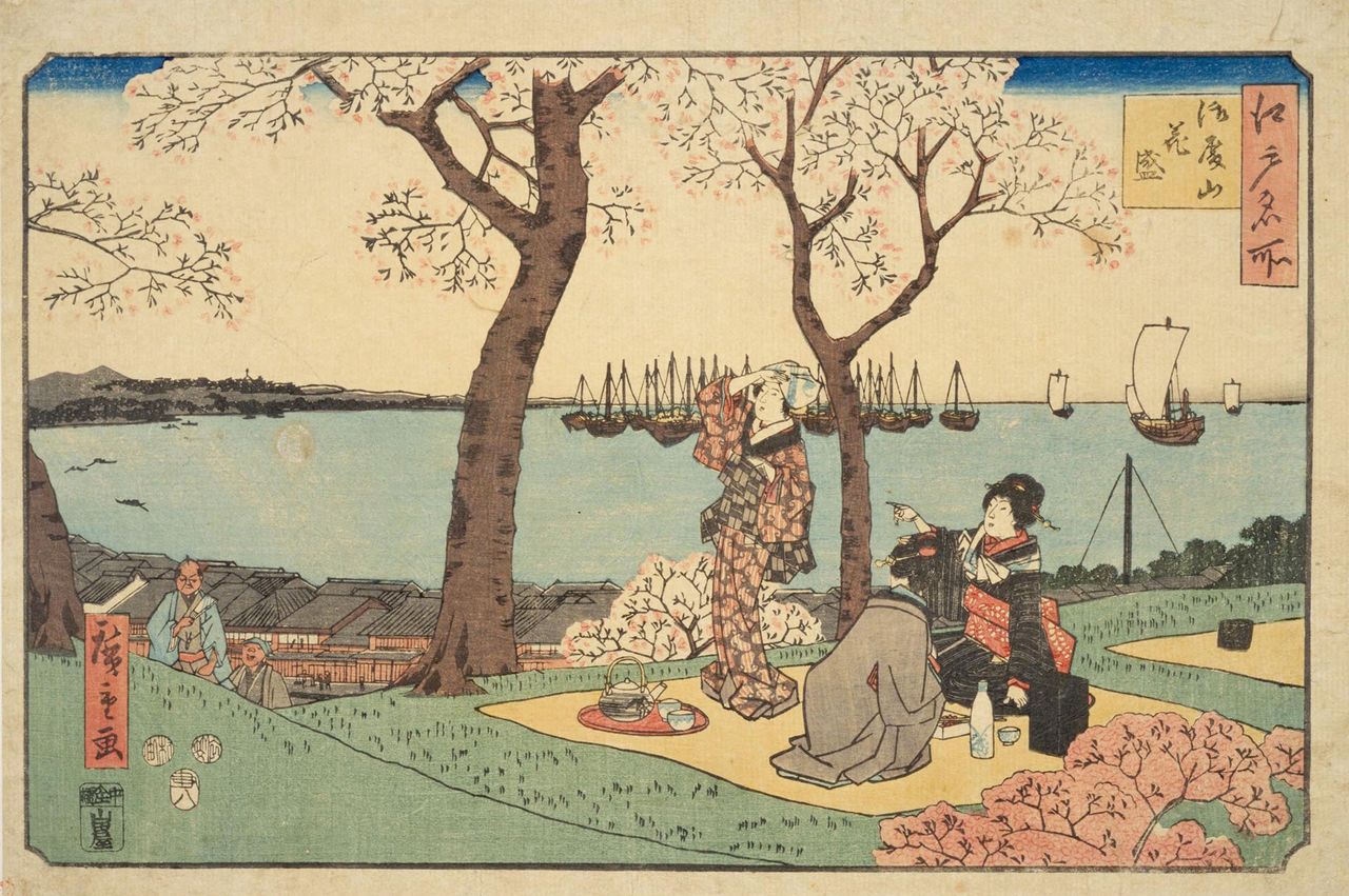 Avant le creusement de la falaise, l’apparence de la colline de Goten-yama fut représenté en estampe par Hiroshige (titre original : Gotenyama hanamori) (Bibliothèque nationale de la Diète).