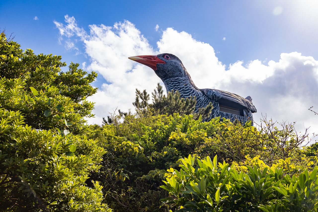 Cette statue géante d’un râle d’Okinawa indique l’endroit où se situe le belvédère.