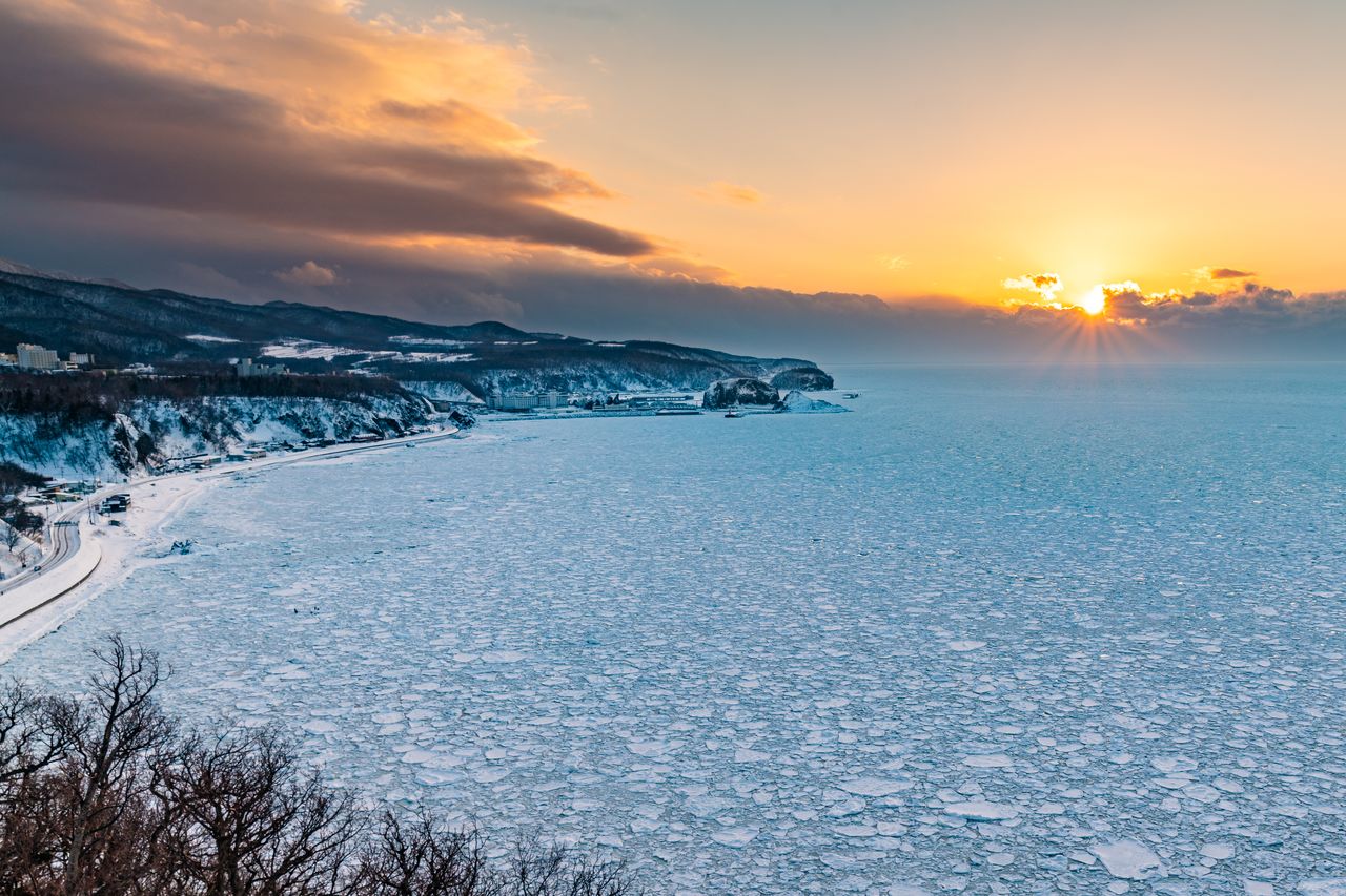 Vue depuis le cap Puyuni ; les eaux au large du district d'Utoro sont recouvertes de glace flottante.