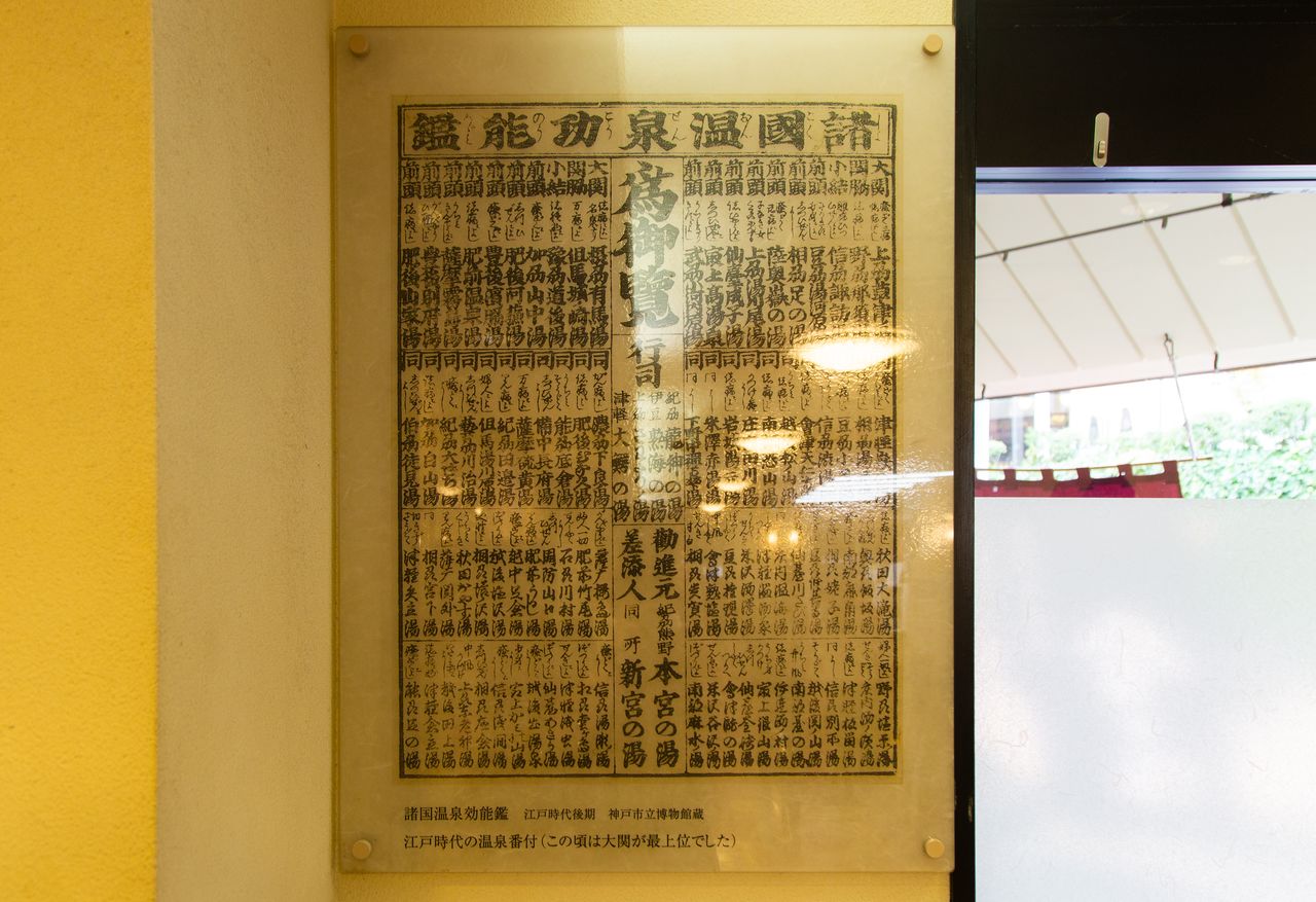 Un classement des sources chaudes de la période Edo affiché dans les bains publics Kin-no-yu. Arima est classé à égalité avec Kusatsu. 