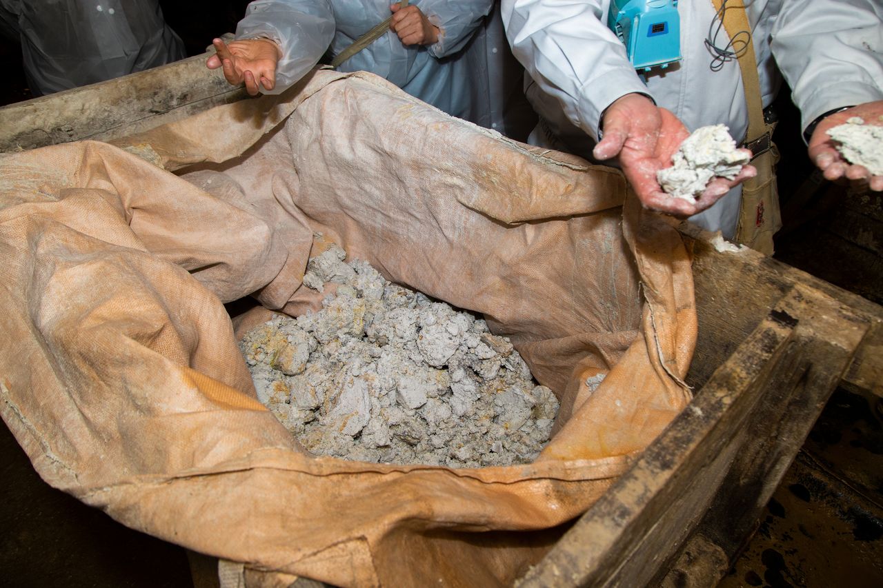 Participants à l’atelier de visite de la mine tenant dans la main de la séricite fraîchement extraite.