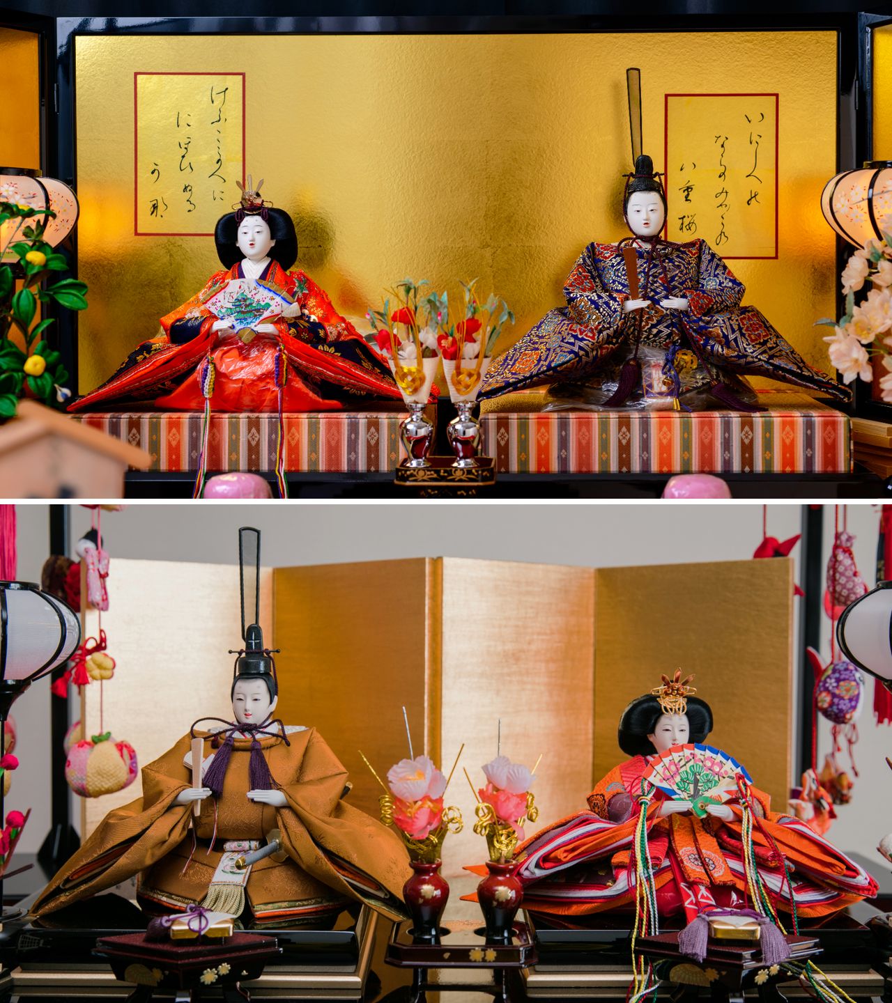 (En haut) Le couple de figurines (poupées hina) est disposé traditionnellement dans le style de Kyoto avec le personnage masculin côté cour (à main gauche de sa compagne). De nos jours, la position est généralement inversée. (© Pixta)
