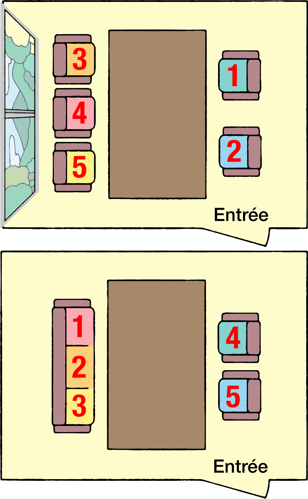 (En haut) Si les fenêtres donnent sur un beau paysage, il peut être judicieux de faire s’asseoir les invités de marque du côté de l’entrée. (En bas) Même s’il n’y a qu’un seul visiteur, on lui proposera de s’asseoir sur le canapé. (© Pixta, édité par Nippon.com)