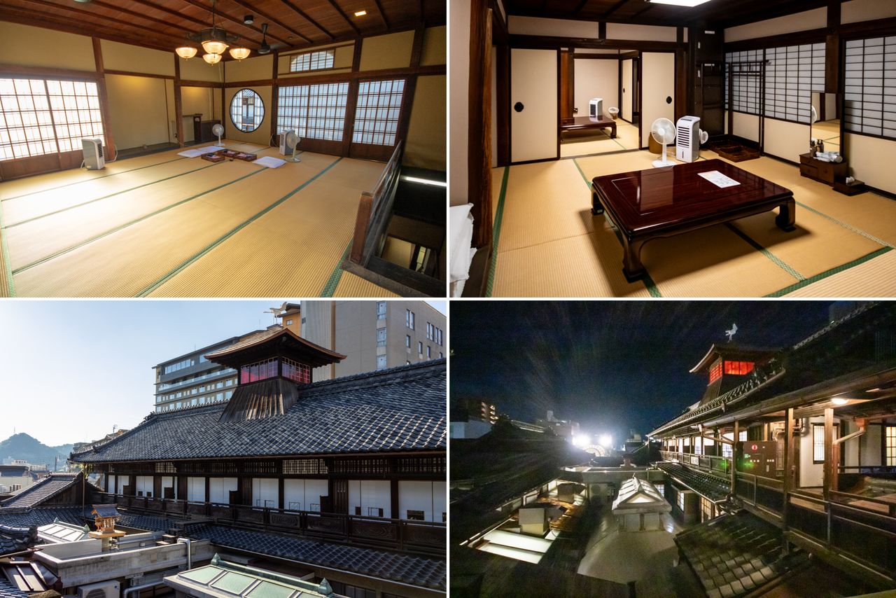 La salle Shirasagi (en haut à gauche), pour 18 occupants, et la salle Hishô (en haut à droite), pour 10 occupants, offrent une vue rapprochée de l’aigrette, symbole de Dôgo, surplombant le dôme.