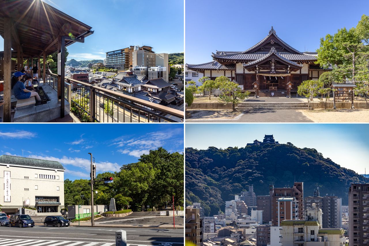 En haut à gauche : un point de vue surélevé avec un bain de pieds offre une belle vue sur le Honkan. En haut à droite : le sanctuaire Yu, dédié aux divinités Ôkuninushi et Sukunahikona. En bas à gauche : le parc Dôgo, sur le site d’un ancien château médiéval. Le musée Shiki, en l’honneur du poète Masaoka Shiki, se trouve à l’entrée nord du parc. En bas à droite : le château de Matsuyama et la ville sont visibles depuis la plateforme d’observation du parc.