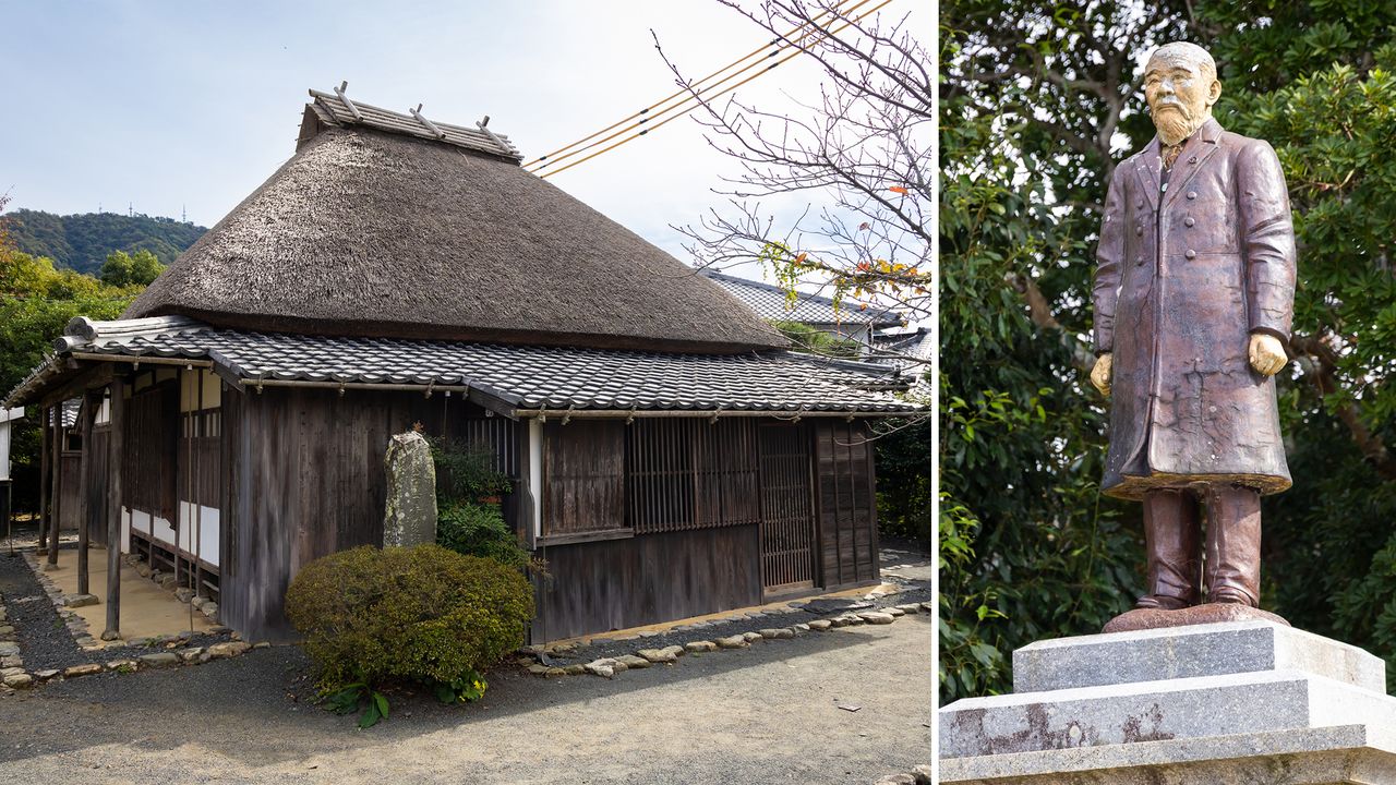 La statue d'Itô, en porcelaine de Hagi (Hagi-yaki), se dresse à côté de son ancienne demeure.