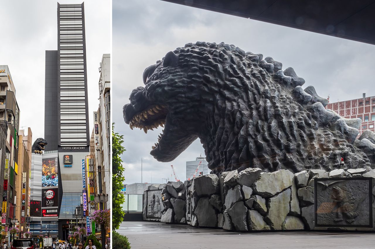 L’hôtel Gracery Shinjuku et sa gigantesque tête de Godzilla. Les clients peuvent l’admirer de près depuis le hall du huitième étage. (Photo de Nippon.com, © Toho Co., Ltd.)