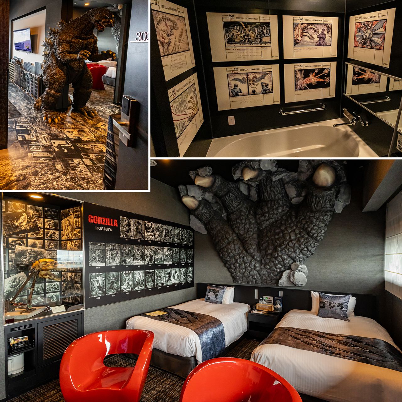 La chambre thématique Godzilla originale reste une des préférées des fans. La salle de bain est également entièrement aux couleurs du monstre géant. (Photo de Nippon.com, © Toho Co., Ltd.)