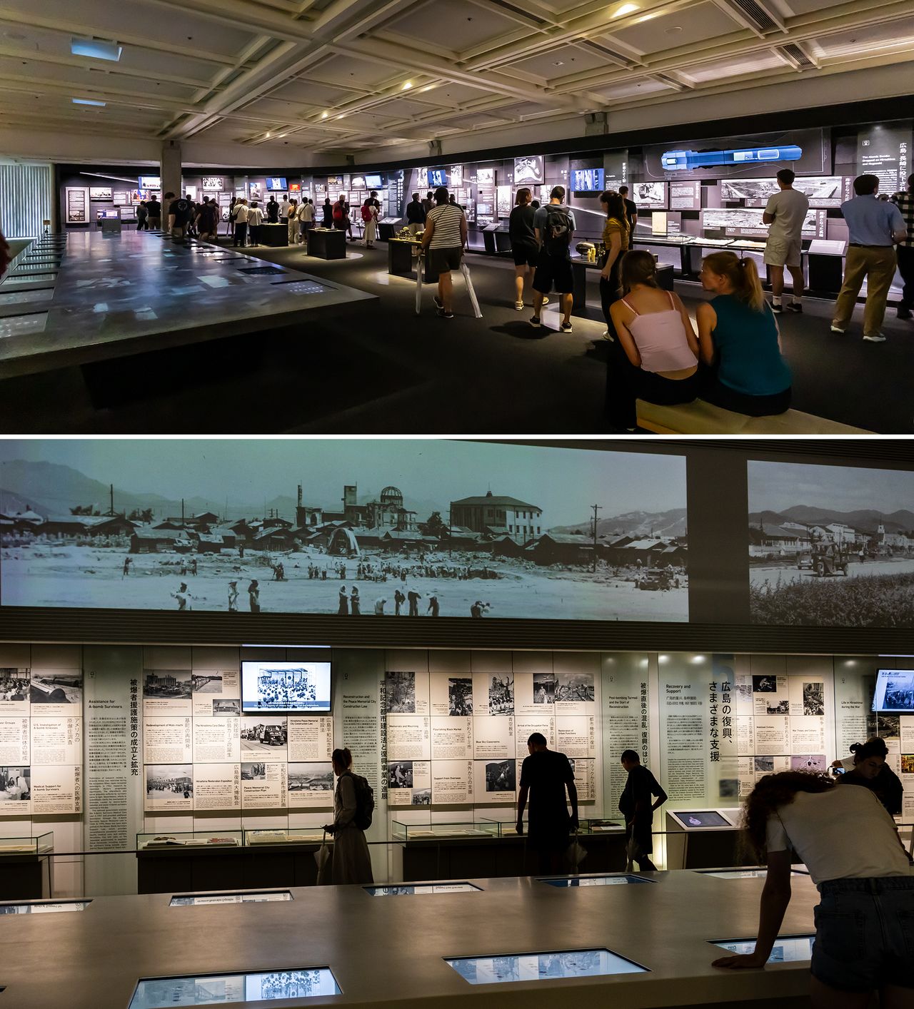 Le parcours débute avec l’exposition à l’entrée et accompagne les visiteurs à la découverte de l’impact du souffle et des dangers des armes nucléaires (ci-dessus) et l’histoire de Hiroshima.