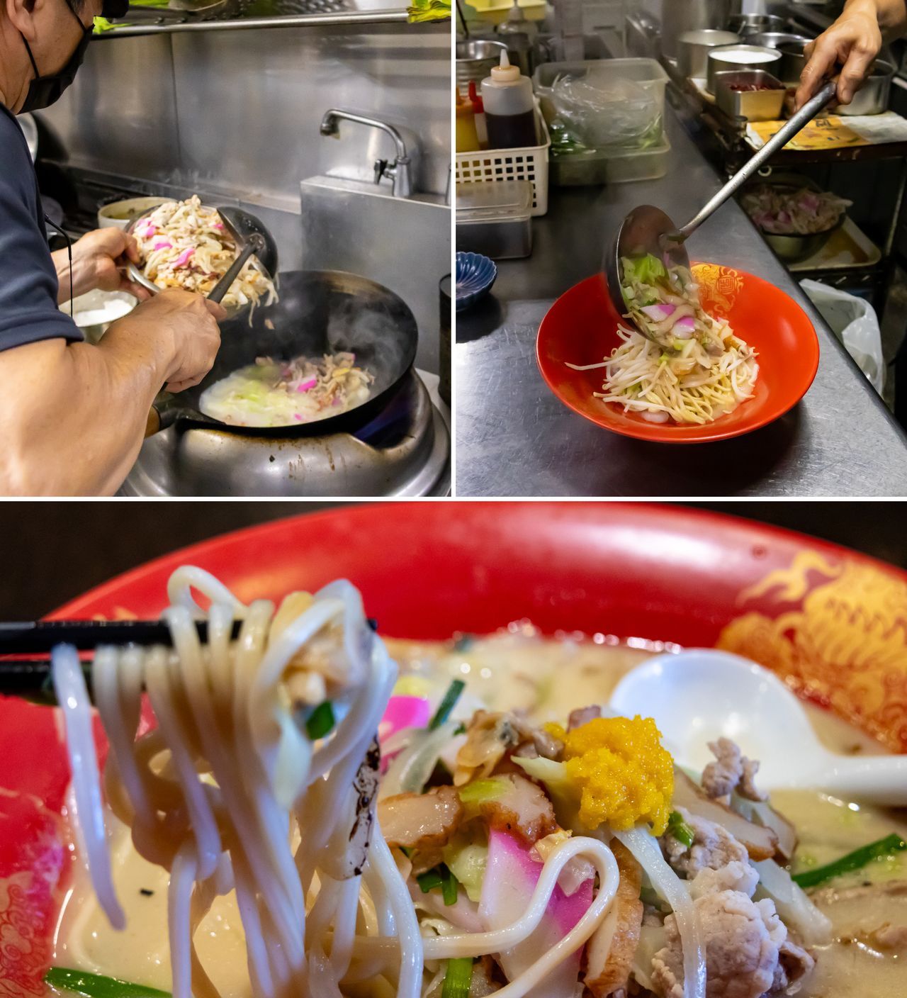 Les chefs terminent le chanpon au karasumi en faisant sauter les ingrédients à feu vif pendant quelques minutes.
