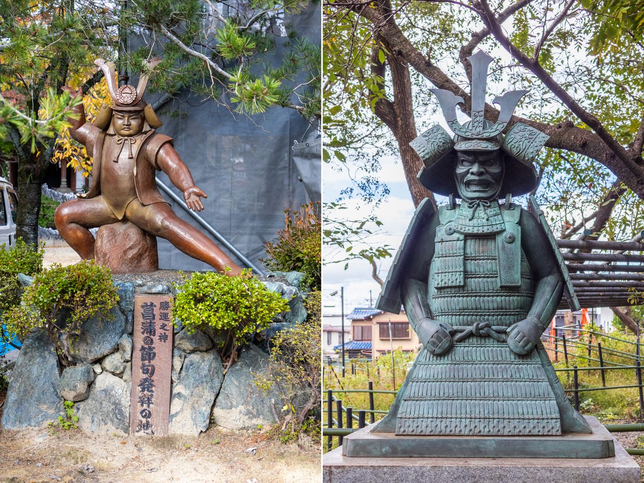 Les statues du sanctuaire racontent les origines du Shôbu no sekku, le rituel du 5 mai. (© Nippon.com)