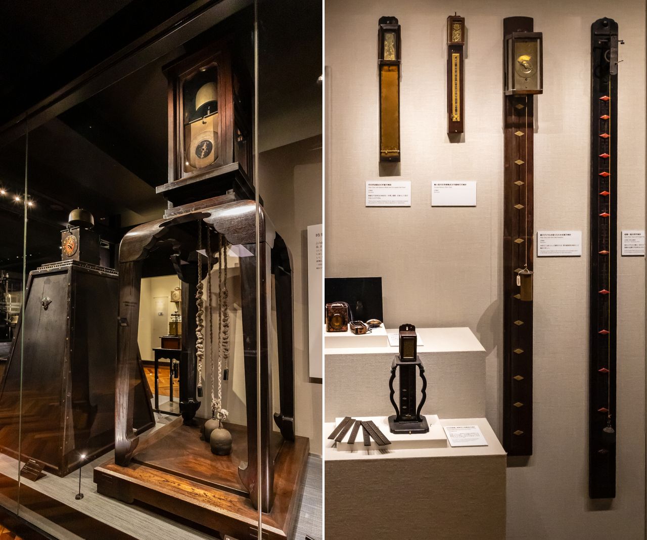 Une horloge lanterne de 2,18 mètres de haut (à gauche) et des horloges à colonne fonctionnant avec des poids.