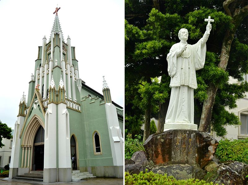 Vues extérieures de l’église mémorial Saint François Xavier à Hirado, ainsi que la statue du missionnaire.