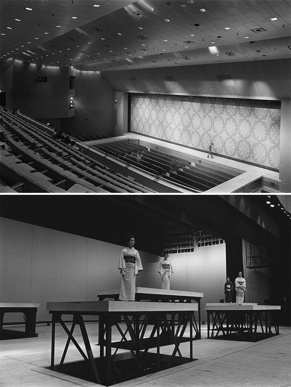 Le Théâtre national lors de son achèvement. Les gradins des spectateurs (en haut) donnent sur la scène. La scène tournante d’un diamètre de 20 mètres est équipée de 16 plateformes mobiles (en bas) permettant une grande variété d’effets complexes (octobre 1966). (© Jiji)