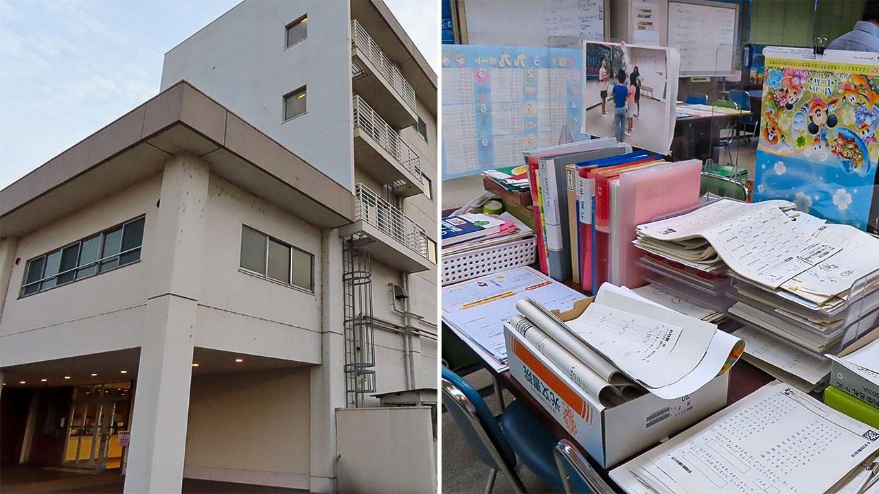 (à gauche) Entrée du dortoir pour employés célibataires de NGK. (à droite) Matériel pédagogique rangé dans l’espace dédié aux cours.