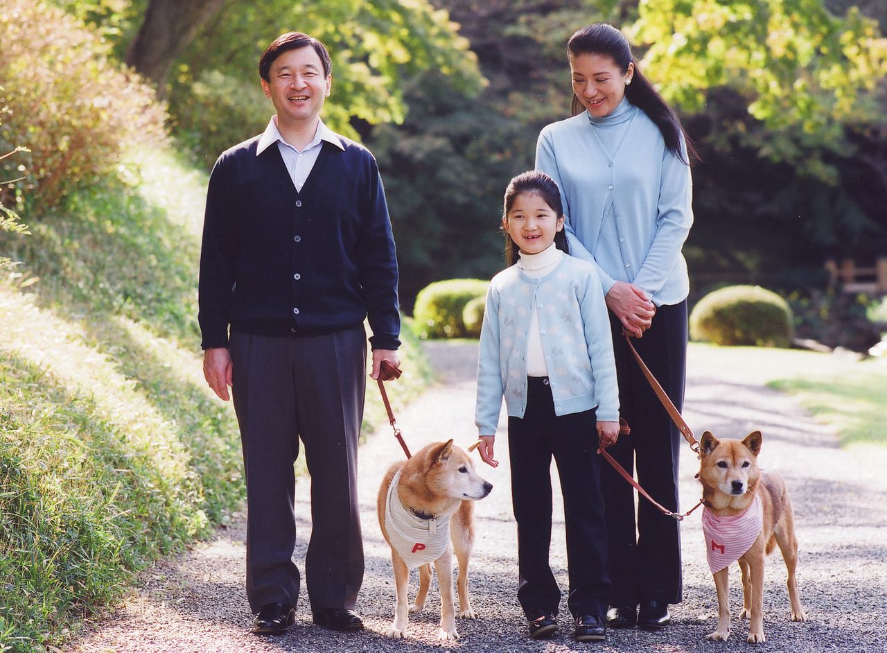 Naruhito, Masako et Aiko en balade avec leurs chiens Mari et Pippi au palais d'Akasaka le 4 novembre 2008 (Reuters)