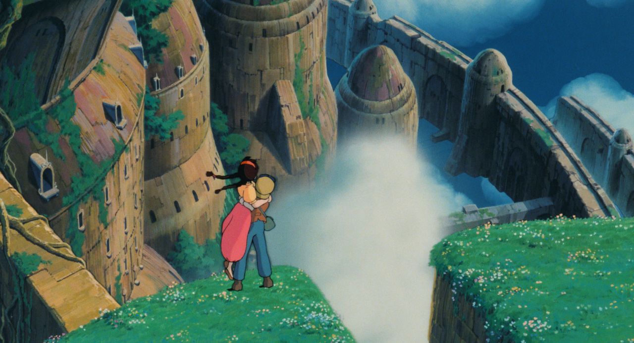 Pazu and Sheeta arrivant sur la mystérieuse île Laputa dans Le Château dans le ciel. (©Studio Ghibli)