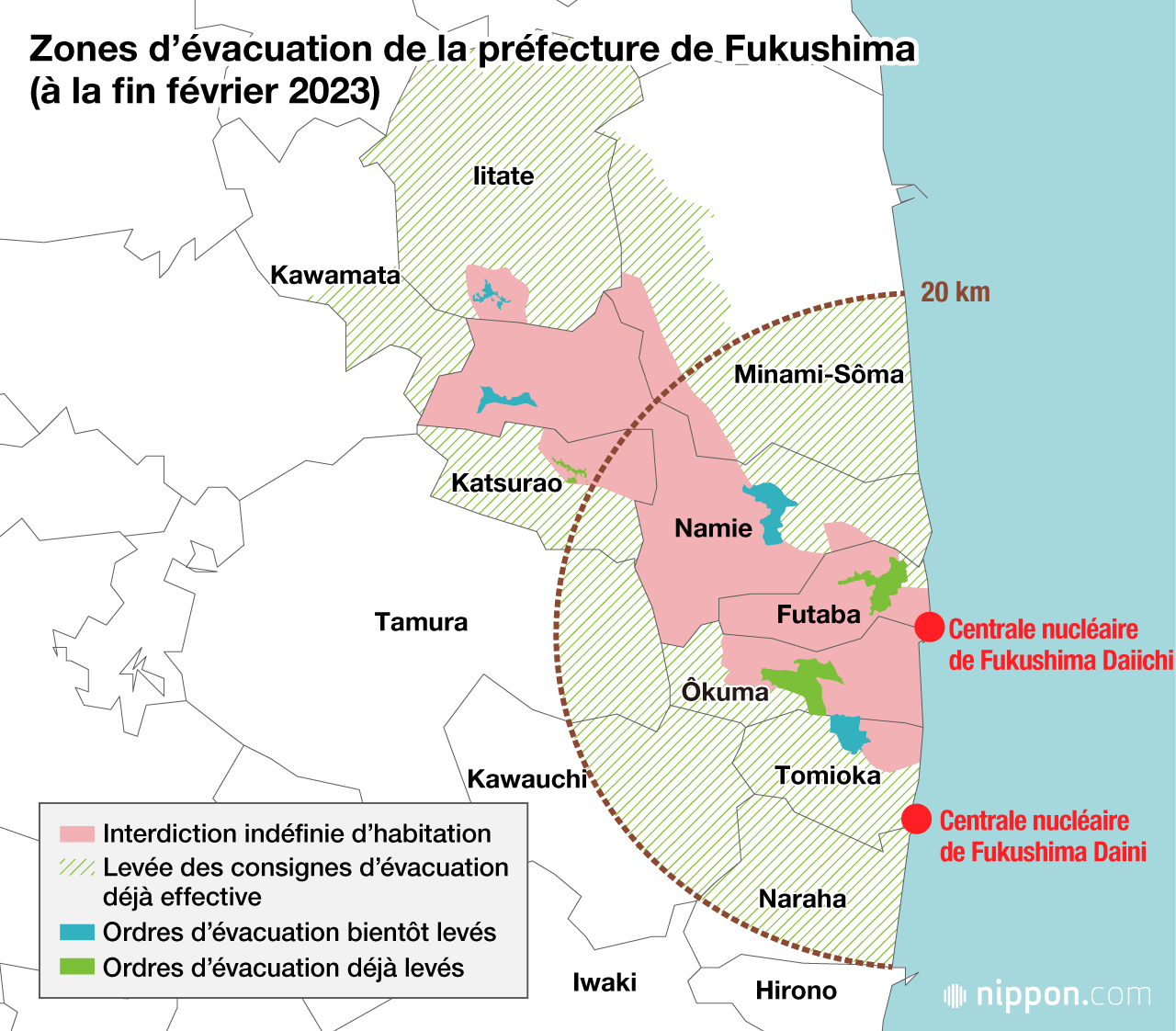Zones d’évacuation de la préfecture de Fukushima (à la fin février 2023)