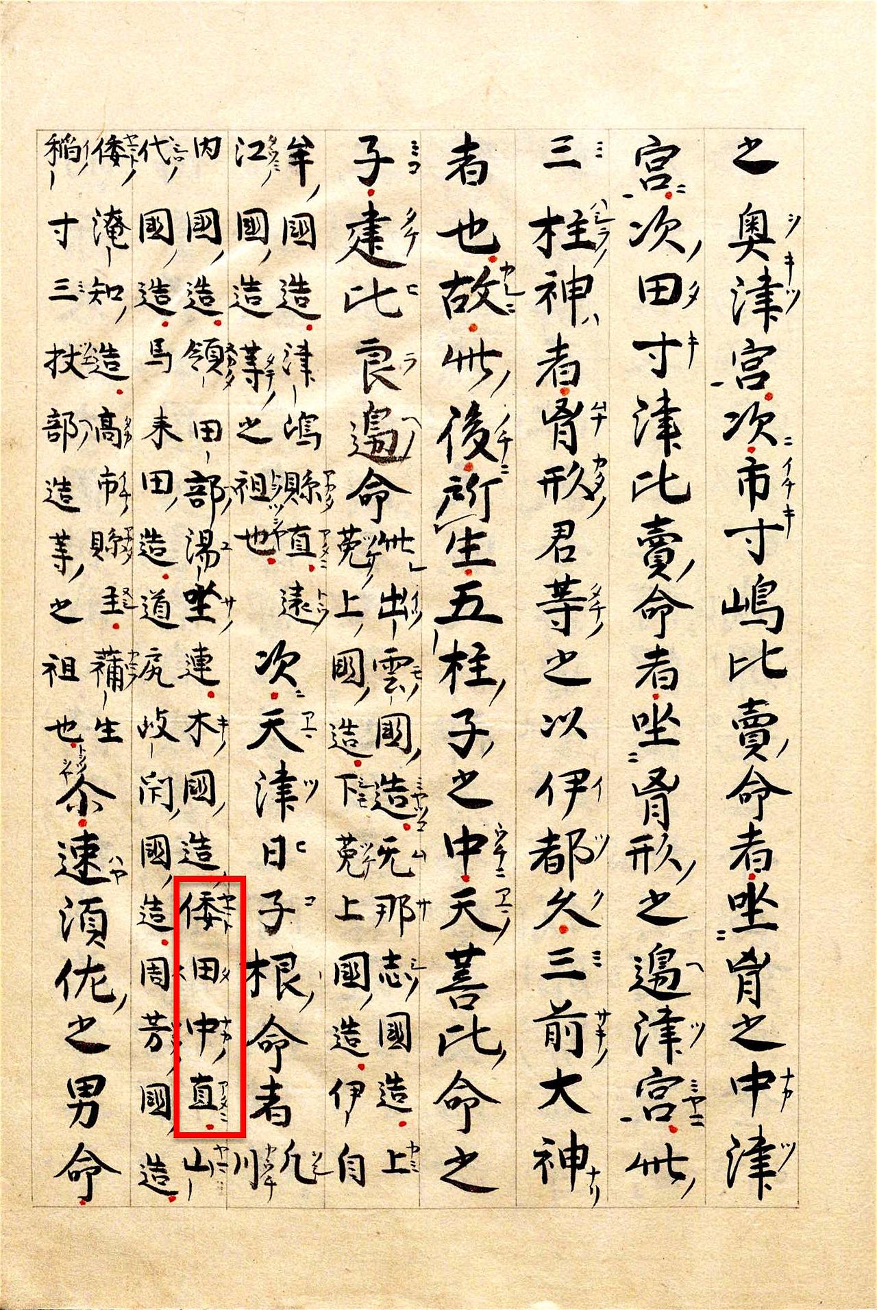 Les cinq divinités mâles nées lorsque Susanoo a mordu le magatama d'Amaterasu Ōmikami. L'encadré en rouge correspond au nom de Yamato-no-Tanaka-no-atai, qui est l'un de leurs descendants. (Avec l'aimable autorisation de la Bibliothèque nationale de la Diète).