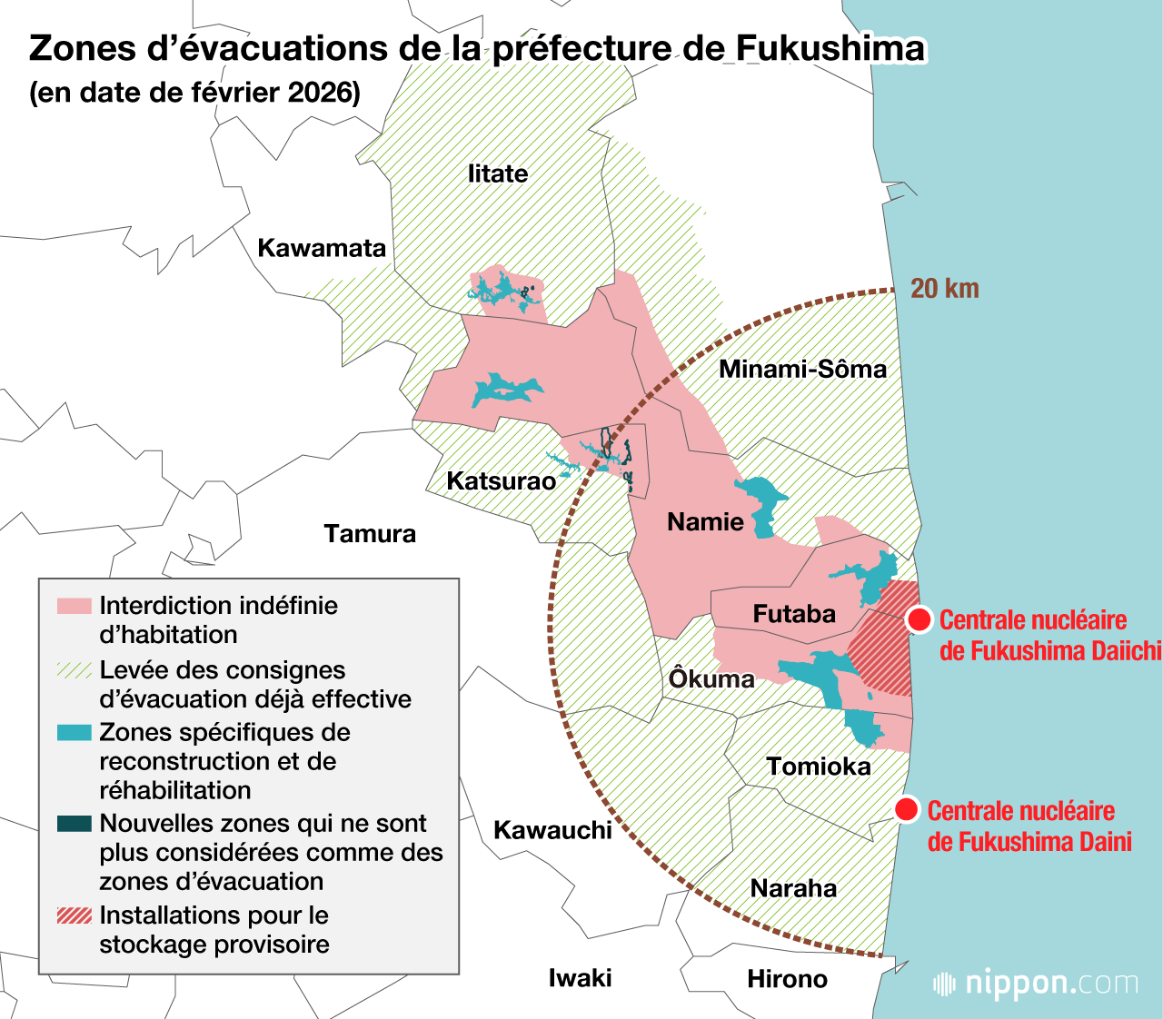 Zones d’évacuations de la préfecture de Fukushima (en date de février 2026)