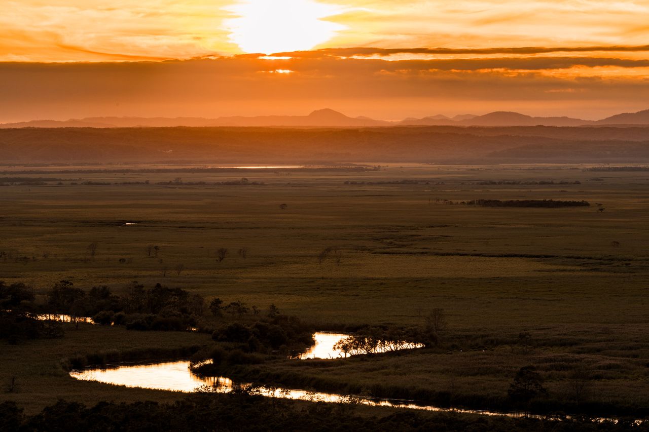 Panorama du marais de Kushiro avec le soleil couchant au loin. (Avec l'aimable autorisation de Pakutaso) 