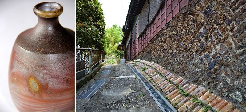 À gauche : flacon à saké caractéristique de la céramique de Bizen, dans la préfecture d’Okayama. Les superbes effets de couleur sont dus non pas à une glaçure mais à la cendre fondue qui s’est déposée naturellement sur l’objet durant sa cuisson à haute température dans un four à bois. À droite : Kamagaki no komichi, littéralement « la ruelle bordée par des fours » de la ville de Seto, dans la préfecture d’Aichi. Elle longe en partie un mur constitué par d’anciens étais de four. La céramique de Seto est très ancienne et elle doit sa renommée à sa haute qualité à la fois technique et esthétique. (Photo : Pixta)
