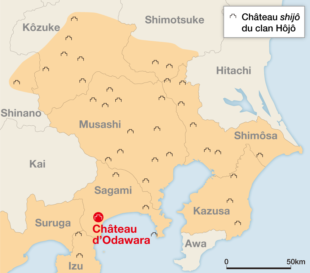 Un exemple de multiples shijô autour du château principal du clan Hôjô, dans ce qui est maintenant la région de Tokyo et ses environs. Cette carte date de 1585, à l’époque où le cordon défensif était le plus étendu, et Hôjô Ujimasa était à la tête du clan.